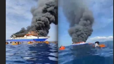 Video: Kapal Barcelona 5 Terbakar di Pulau Talise, Penumpang Lompat ke Laut