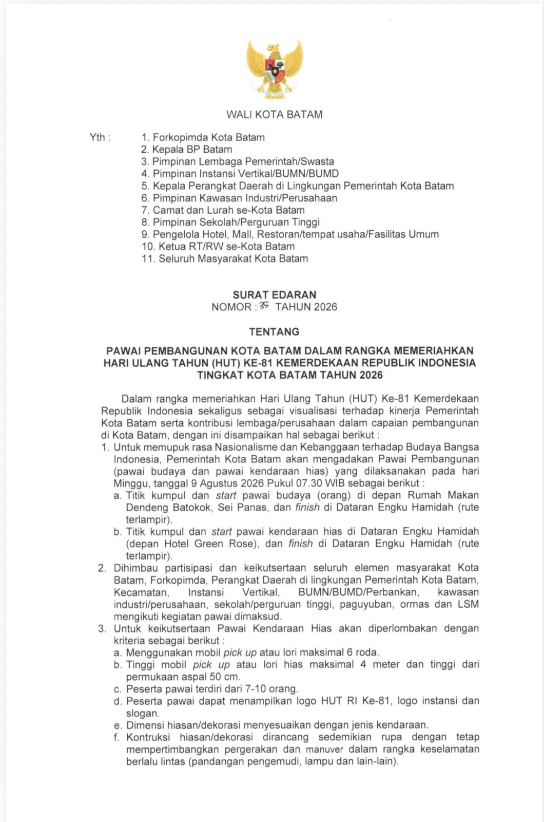Pawai HUT ke 81 di Batam